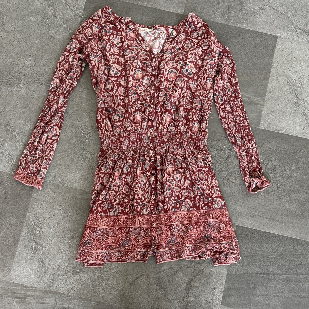 Women’s Red Printed Long-Sleeve Dress Romper